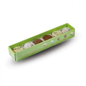 6er Pralinenstange Frohe Ostern mit sechs verschiedenen Trüffeln und Motivpralinen der Esther Confiserie