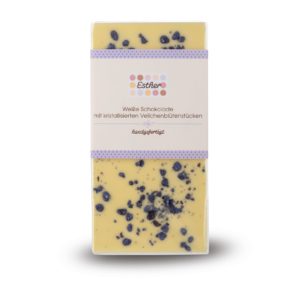 Weiße Schokolade mit kandierten Veilchenstücken als 100g Schokoladentafel der Esther Confiserie aus Kulmbach in Oberfranken