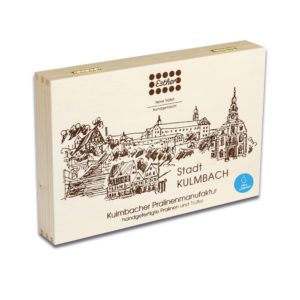 24er Holzkiste mit original Kulmbacher Pralinen und Trüffel ohne Alkohol der Esther Confiserie