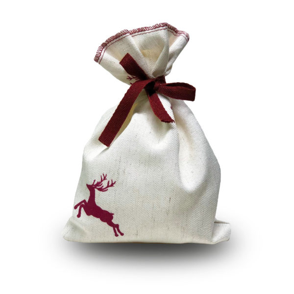 Weihnachtliches Pralinensäckchen mit Rentier Ausdruck und einem Inhalt von 200g Lebkuchen Trüffeln der Esther Confiserie