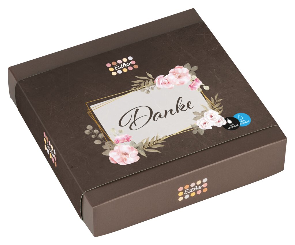 9er Esther Danke Klassikpackung mit 9 erlesenen Pralinen mit und ohne Alkohol. Einfach mal danke sagen.